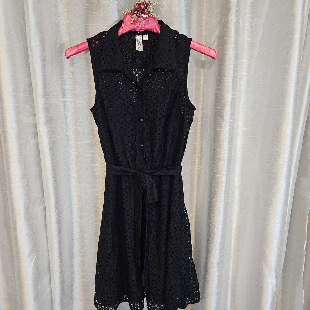 Emma & Michele Black Lace Whimsygoth Button Collared Sleeveless A-Line Dress 8